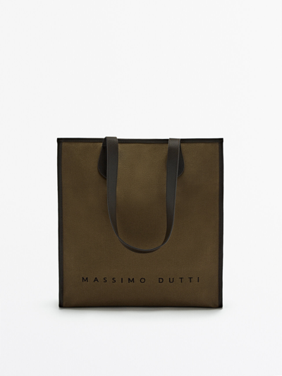 Massimo Dutti Canvas Tote Bag With Leather Details In Pale Khaki | ModeSens