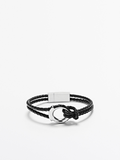 Shop Massimo Dutti Plaited Leather Bracelet With Metal Detail In Black