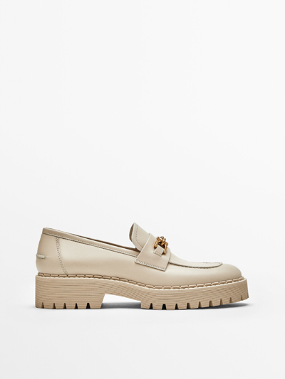 Massimo Dutti Ecru Leather Loafers With Super Track Sole In Cream | ModeSens