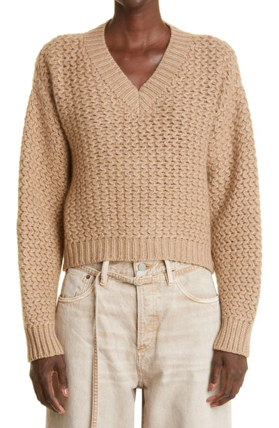 Shop The Elder Statesman Rope Stitch Cashmere Crop Sweater In Almond