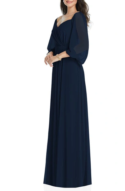 Dessy Collection Convertible Neck Long Sleeve Chiffon Gown In Midnight Navy
