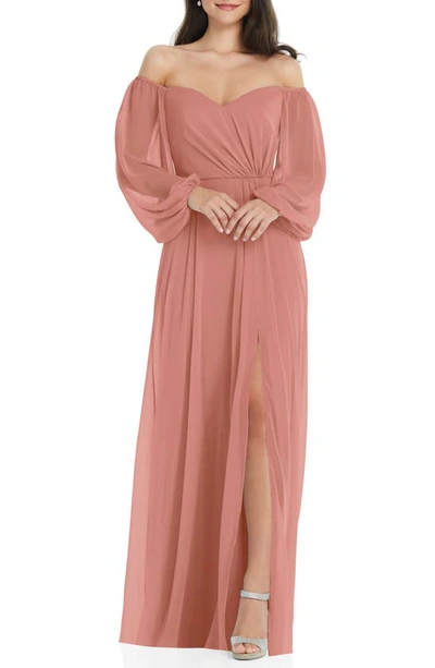 Shop Dessy Collection Convertible Neck Long Sleeve Chiffon Gown In Desert Rose