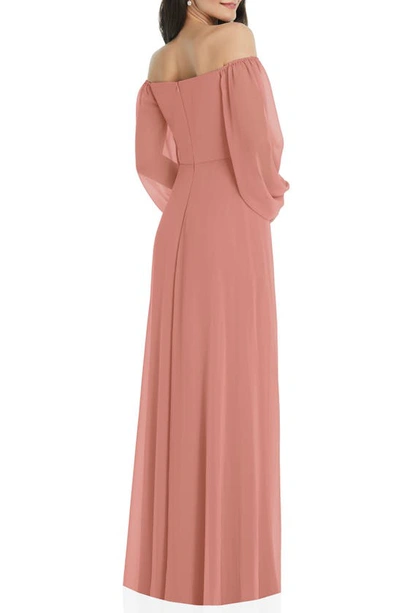 Dessy Collection Convertible Neck Long Sleeve Chiffon Gown In Desert Rose