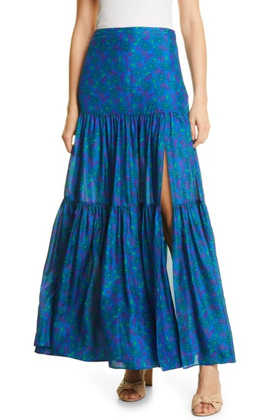 Shop Veronica Beard Serence Silk Maxi Skirt In Cobalt Multi