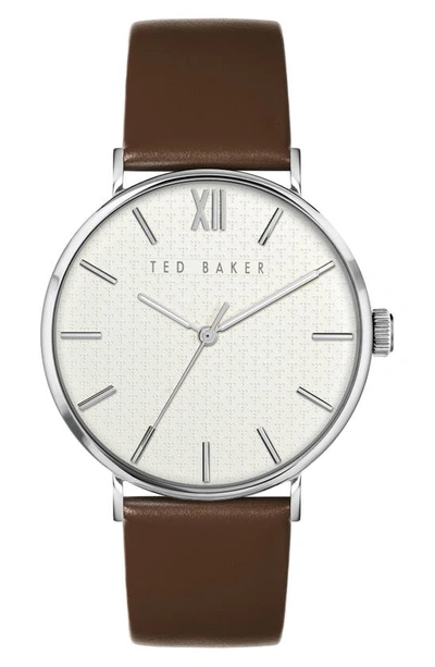 Shop Ted Baker Phylipa Gents Leather Strap Watch, 43mm In Silver/ White/ Brown