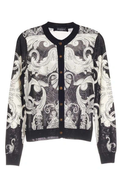 Shop Versace Barocco Print Silk Knit Cardigan In Black White