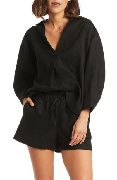 Shop Sea Level Kyotot Linen Cover-up Shirt In Black