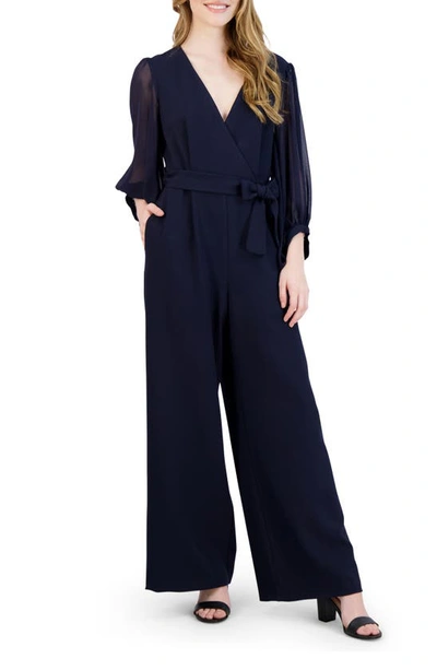 Shop Donna Ricco Long Sleeve Wrap Jumpsuit In Navy