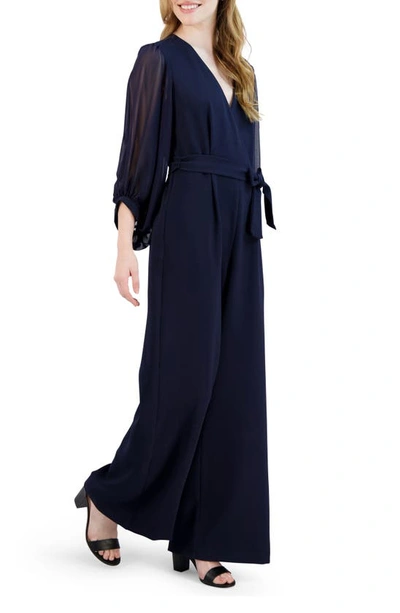 Shop Donna Ricco Long Sleeve Wrap Jumpsuit In Navy