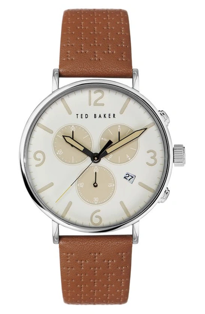 Shop Ted Baker Barnett Backlight Chronograph Leather Strap Watch, 41mm In Silver/ Cream/ Tan