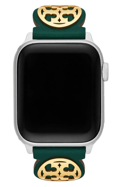 Tory Burch Miller Leather 11mm Apple Watch® Watchband In Green | ModeSens