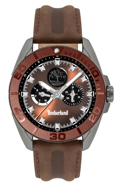 Shop Timberland Fairhill Multifunction Leather Strap Watch, 44mm In Brown Dark
