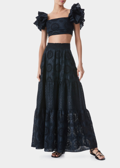 Shop Alice And Olivia Reise Linen Eyelet Tiered Maxi Skirt In Black