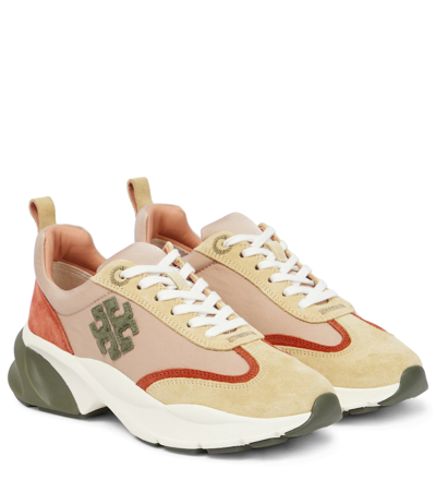 Shop Tory Burch Good Luck Suede-trimmed Sneakers In Salmon / Olive / Sand