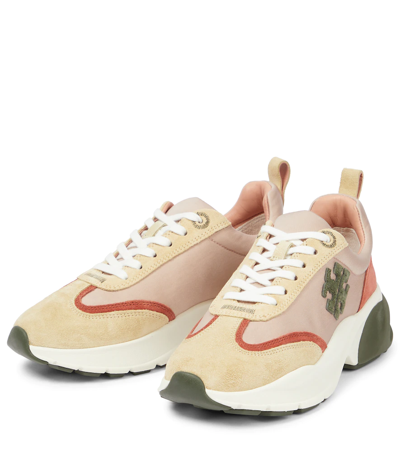 Shop Tory Burch Good Luck Suede-trimmed Sneakers In Salmon / Olive / Sand