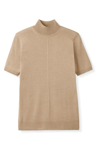 Shop St John Seam Detail Short Sleeve Wool & Silk Jersey Sweater In Camel