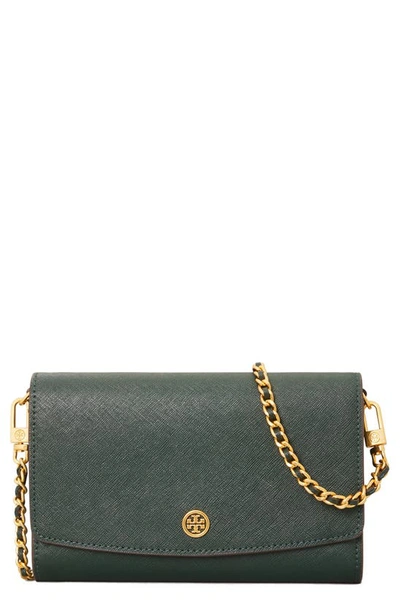 Shop Tory Burch Robinson Leather Wallet On A Chain In Pine Tree