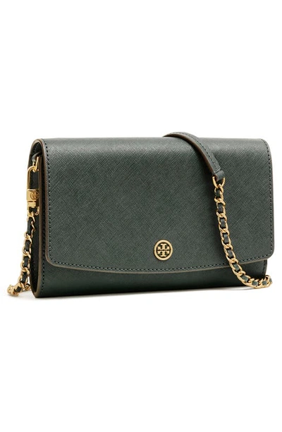 Shop Tory Burch Robinson Leather Wallet On A Chain In Pine Tree