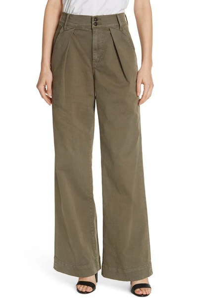 Shop Frame Pleated Wide Leg Twill Trousers In Army Green