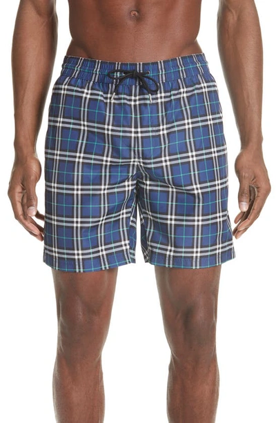 Shop Burberry Guildes New Check Swim Trunks In Blue Canvas