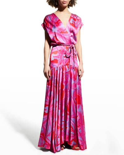 Shop Silvia Tcherassi Amore Abstract-print Belted Silk Maxi Dress In Magenta Kaleidosc