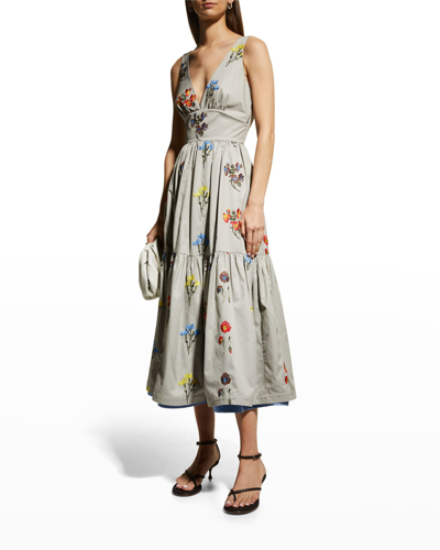 Shop Silvia Tcherassi Dorotea Floral Embroidered Tiered Midi Dress In Khaki Embroidered