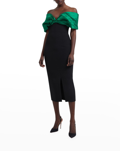 Shop Safiyaa Draped Bow Bustier Off-the-shoulder Midi Dress In Jewel Green On Bl