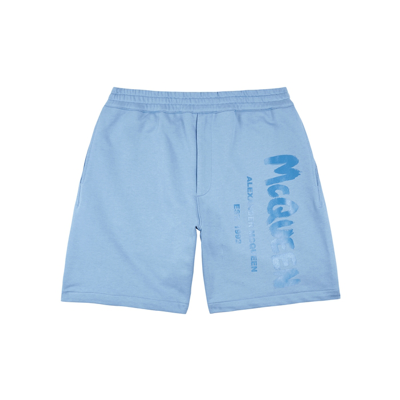 Shop Alexander Mcqueen Blue Logo-print Cotton Shorts