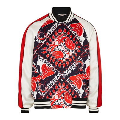 Shop Valentino Printed Satin Bomber Jacket In Red