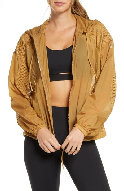 Shop Alo Yoga Feature Mesh Hooded Jacket In Caramel