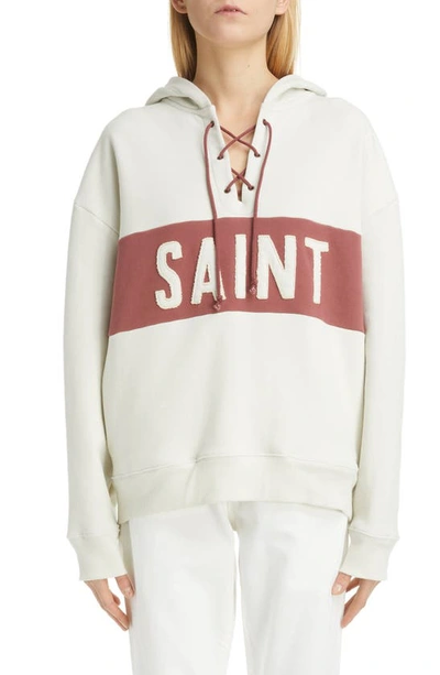 Shop Saint Laurent Lace-up Logo Hoodie In Dirty Creme/ Bordeaux