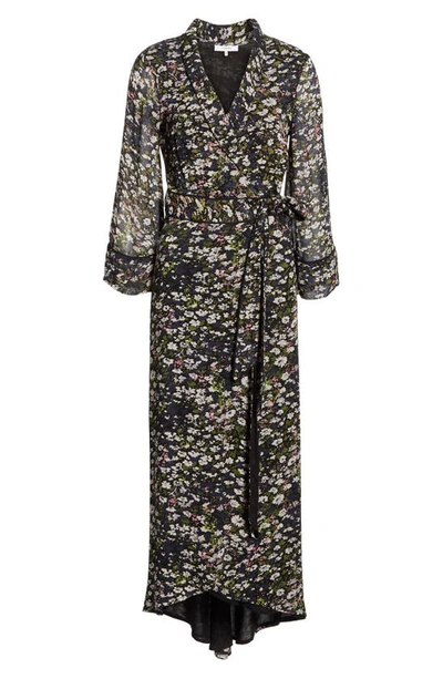 Shop Ganni Floral Print Georgette Midi Wrap Dress In Black