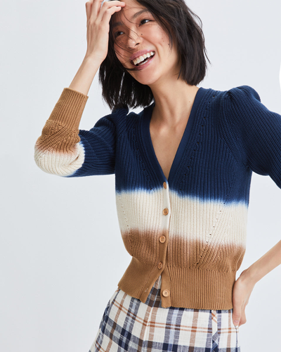Veronica Beard Parula Tie-dye Long-puffed Sleeve Cardigan In Navy/ivory/khaki