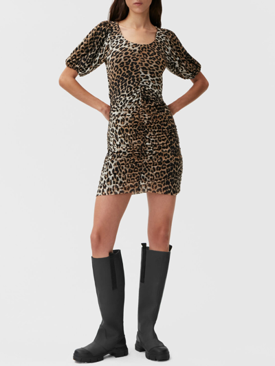 Shop Ganni Animalier Ruched Dress In Leopardato