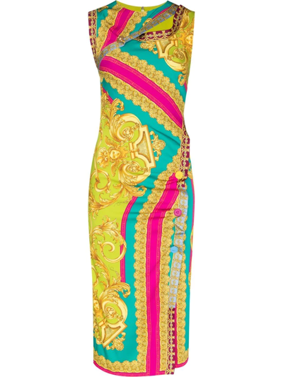 Shop Versace Barocco Goddess-print Midi Dress In Grün