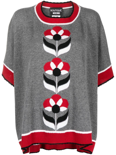 Shop Boutique Moschino Intarsia-knit Floral Poncho Top In Grey