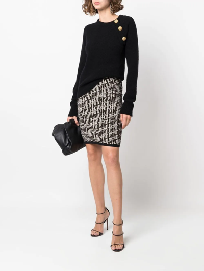 Balmain Monogram Wool Pencil Skirt With Zip In Neutrals