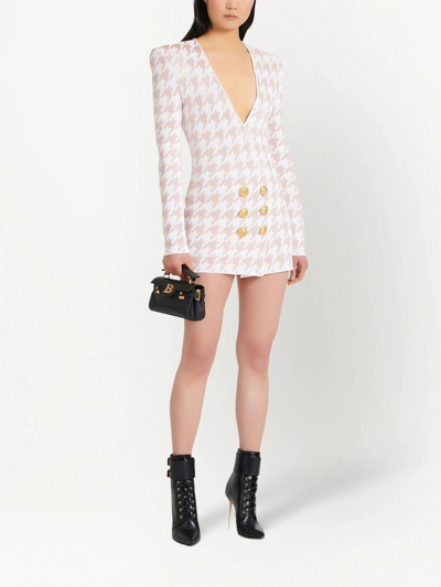 Shop Balmain Houndstooth Double-breasted Mini Dress In White