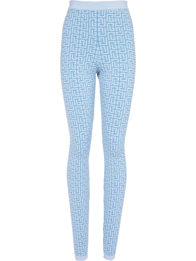 Shop Balmain Monogram Pattern Knitted Leggings In Blue