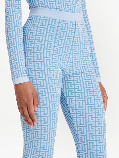 Shop Balmain Monogram Pattern Knitted Leggings In Blue
