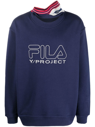 Y/project X Fila Three-collar Cutout Cotton Sweatshirt In Navy | ModeSens