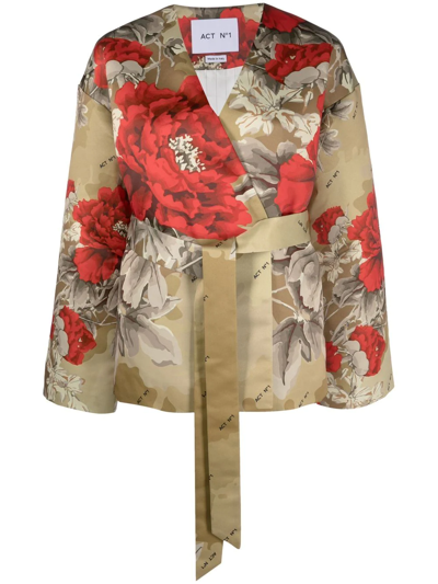 Shop Act N°1 Floral-print Wrap Belted Jacket In Green