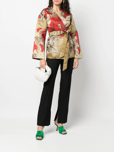 Shop Act N°1 Floral-print Wrap Belted Jacket In Green