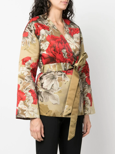 Shop Act N°1 Floral-print Wrap Belted Jacket In Green