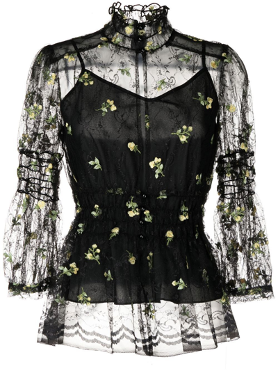 Shop Anna Sui Floral-embroidered Lace Blouse In Schwarz