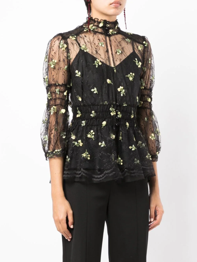 Anna Sui Floral-embroidered Lace Blouse In Schwarz