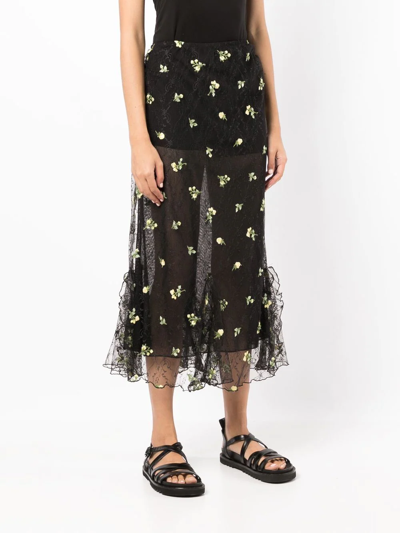 Shop Anna Sui Floral-embroidered Lace Midi Skirt In Schwarz