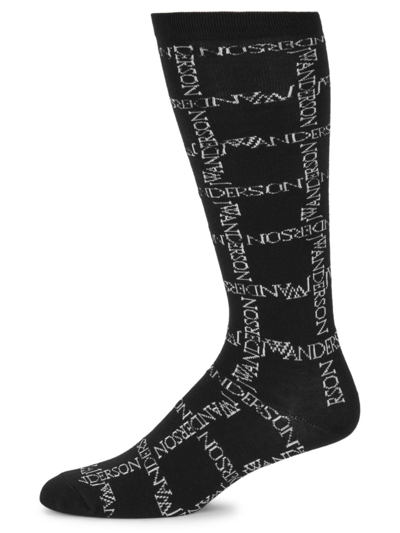 Shop Jw Anderson Men's Logo Grid Cotton-blend Socks In Black White