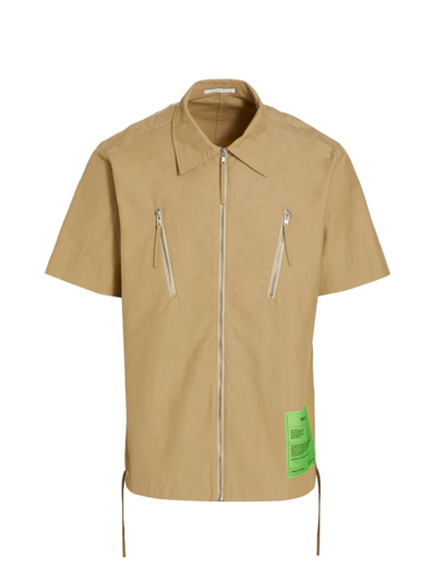 Shop Helmut Lang Men's Zip Short-sleeve Shirt In Beige