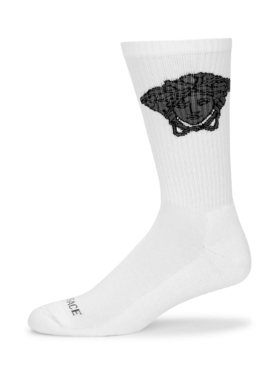 Shop Versace Men's Medusa Logo Cotton-blend Socks In White Black